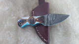 CUSTOM DAMASCUS "TURQUOISE FEATHER" MINI BURN BONE SKINNER KNIFE