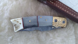 "ARTIC FOX" DAMASCUS/CAMEL/RAM HORN POCKET KNIFE