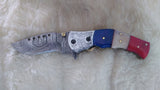 "ALL AMERICAN" DAMASCUS CAMEL BONE FOLDER W/CROSS DRAW SHEATH