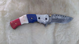 "ALL AMERICAN" DAMASCUS CAMEL BONE FOLDER W/CROSS DRAW SHEATH