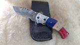 "ALL AMERICAN" DAMASCUS CAMEL BONE FOLDER W/CROSS DRAW SHEATH