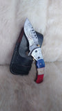 "ALL AMERICAN" DAMASCUS CAMEL BONE FOLDER W/CROSS DRAW SHEATH