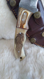 CUSTOM DAMASCUS "STALLION" SCRIMSHAW BONE TRACKER KNIFE