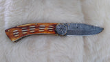 "WAGON WHEEL" DAMASCUS BURN CAMEL BONE POCKET KNIFE