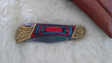 "BULLS-EYE" DAMASCUS POCKET KNIFE W/LEATHER SHEATH