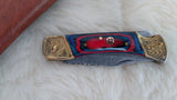 "BULLS-EYE" DAMASCUS POCKET KNIFE W/LEATHER SHEATH