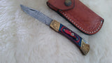 "BULLS-EYE" DAMASCUS POCKET KNIFE W/LEATHER SHEATH