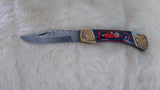 "BULLS-EYE" DAMASCUS POCKET KNIFE W/LEATHER SHEATH