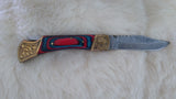 "BULLS-EYE" DAMASCUS POCKET KNIFE W/LEATHER SHEATH