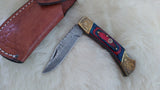 "BULLS-EYE" DAMASCUS POCKET KNIFE W/LEATHER SHEATH