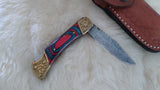 "BULLS-EYE" DAMASCUS POCKET KNIFE W/LEATHER SHEATH