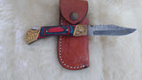 "BULLS-EYE" DAMASCUS POCKET KNIFE W/LEATHER SHEATH