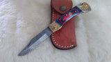 "BULLS-EYE" DAMASCUS POCKET KNIFE W/LEATHER SHEATH