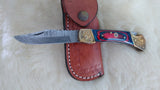 "BULLS-EYE" DAMASCUS POCKET KNIFE W/LEATHER SHEATH
