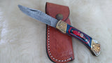 "BULLS-EYE" DAMASCUS POCKET KNIFE W/LEATHER SHEATH