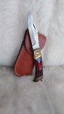 "BULLS-EYE" DAMASCUS POCKET KNIFE W/LEATHER SHEATH