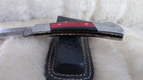 "THIN RED LINE" FIRE FIGHTER DAMASCUS FOLDER W/LEATHER SHEATH