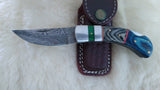 "LONESOME DOVE" DAMASCUS POCKET KNIFE W/LEATHER SHEATH