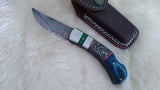 "LONESOME DOVE" DAMASCUS POCKET KNIFE W/LEATHER SHEATH