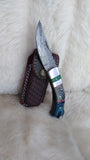"LONESOME DOVE" DAMASCUS POCKET KNIFE W/LEATHER SHEATH