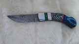 "LONESOME DOVE" DAMASCUS POCKET KNIFE W/LEATHER SHEATH