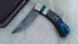 "LONESOME DOVE" DAMASCUS POCKET KNIFE W/LEATHER SHEATH