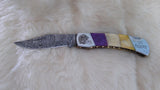 "LSU TIGERS" HAND MADE DAMASCUS/BONE FOLDER W/SHEATH
