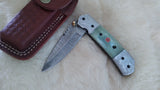 "SEA FOAM" DAMASCUS POCKET KNIFE W/LEATHER SHEATH
