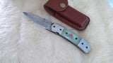 "SEA FOAM" DAMASCUS POCKET KNIFE W/LEATHER SHEATH