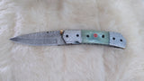 "SEA FOAM" DAMASCUS POCKET KNIFE W/LEATHER SHEATH