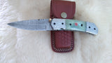 "SEA FOAM" DAMASCUS POCKET KNIFE W/LEATHER SHEATH
