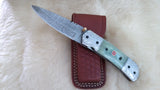 "SEA FOAM" DAMASCUS POCKET KNIFE W/LEATHER SHEATH