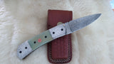 "SEA FOAM" DAMASCUS POCKET KNIFE W/LEATHER SHEATH