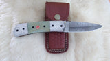 "SEA FOAM" DAMASCUS POCKET KNIFE W/LEATHER SHEATH