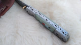 "SEA FOAM" DAMASCUS POCKET KNIFE W/LEATHER SHEATH