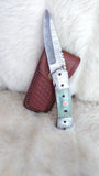 "SEA FOAM" DAMASCUS POCKET KNIFE W/LEATHER SHEATH