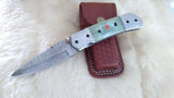 "SEA FOAM" DAMASCUS POCKET KNIFE W/LEATHER SHEATH