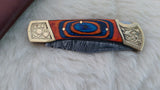 "AUBURN BULLS-EYE TRIBUTE" DAMASCUS POCKET KNIFE W/LEATHER SHEATH