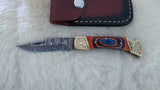 "AUBURN BULLS-EYE TRIBUTE" DAMASCUS POCKET KNIFE W/LEATHER SHEATH