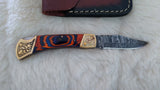 "AUBURN BULLS-EYE TRIBUTE" DAMASCUS POCKET KNIFE W/LEATHER SHEATH