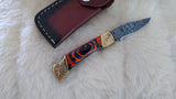 "AUBURN BULLS-EYE TRIBUTE" DAMASCUS POCKET KNIFE W/LEATHER SHEATH