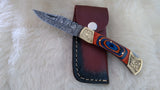 "AUBURN BULLS-EYE TRIBUTE" DAMASCUS POCKET KNIFE W/LEATHER SHEATH