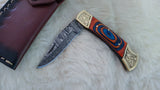 "AUBURN BULLS-EYE TRIBUTE" DAMASCUS POCKET KNIFE W/LEATHER SHEATH
