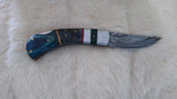 "LONESOME DOVE" DAMASCUS POCKET KNIFE W/LEATHER SHEATH