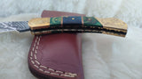 "GOLDEN BRAMBLE" DAMASCUS POCKET KNIFE W/LEATHER SHEATH