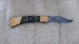 "GOLDEN BRAMBLE" DAMASCUS POCKET KNIFE W/LEATHER SHEATH