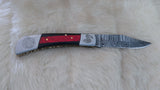 "THIN RED LINE" FIRE FIGHTER DAMASCUS FOLDER W/LEATHER SHEATH