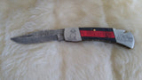"THIN RED LINE" FIRE FIGHTER DAMASCUS FOLDER W/LEATHER SHEATH