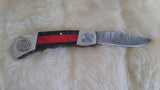 "THIN RED LINE" FIRE FIGHTER DAMASCUS FOLDER W/LEATHER SHEATH