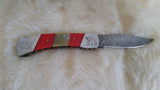 "ALABAMA ROLL TIDE" DELUXE HAND MADE DAMASCUS FOLDER W/LEATHER SHEATH